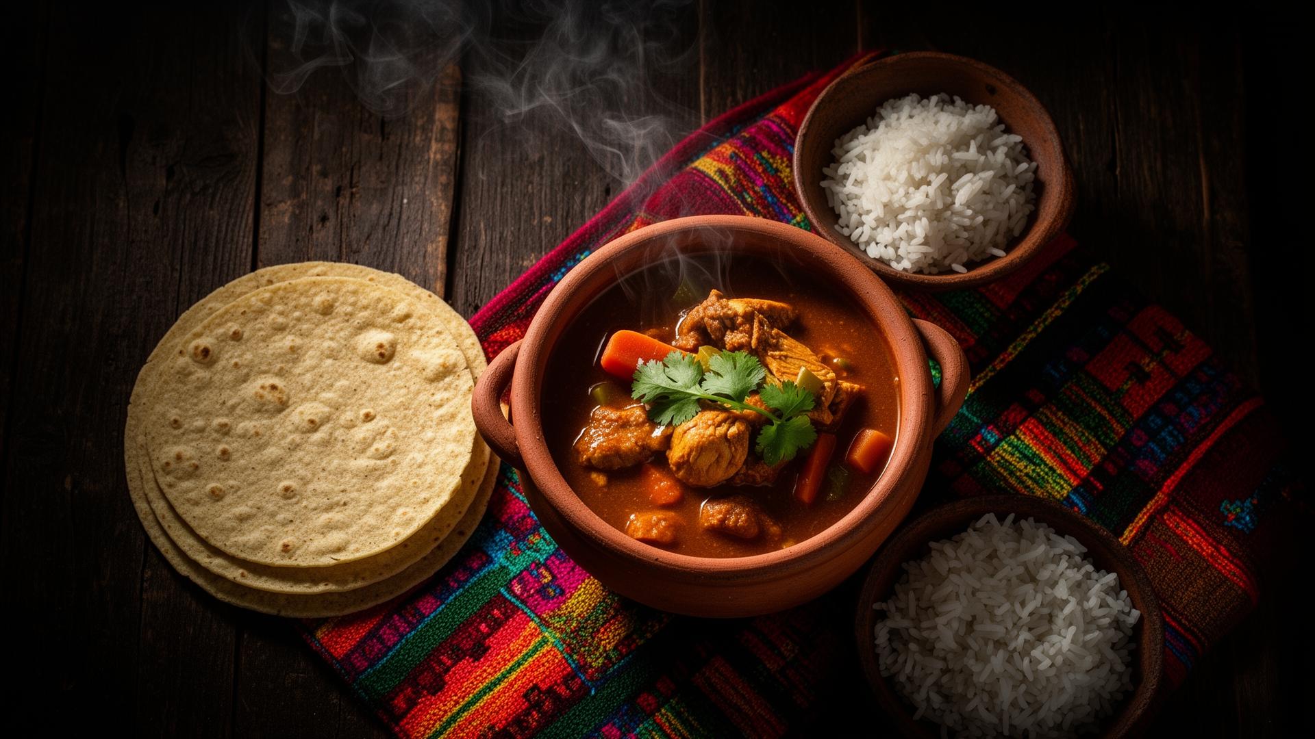 Pepián guatemalteco humeante en olla de barro